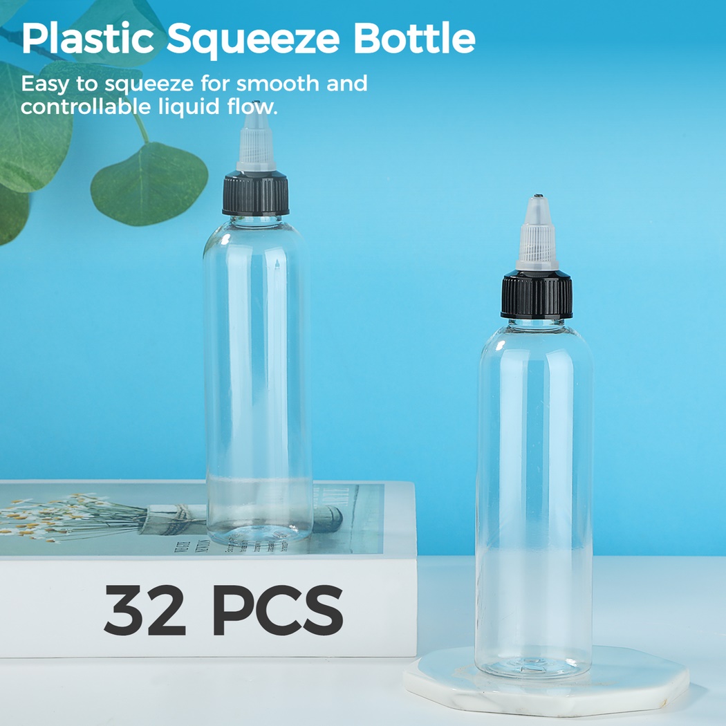 32PCS Clear Dispensing Bottles, 4oz Plastic Squeeze Bottles with Twist Top  Caps Round Squeeze Bottles Empty Squirt Bottles for Oils Inks Liquids  Crafts Kitchen 